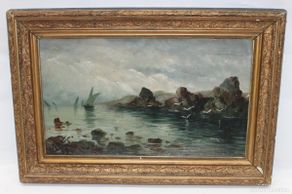 Arte: ESCUELA ESPAÑOLA (SIGLO XIX) OLEO SOBRE CARTON DE AUTOR DESCONOCIDO. AMANECER SOBRE LA COSTA